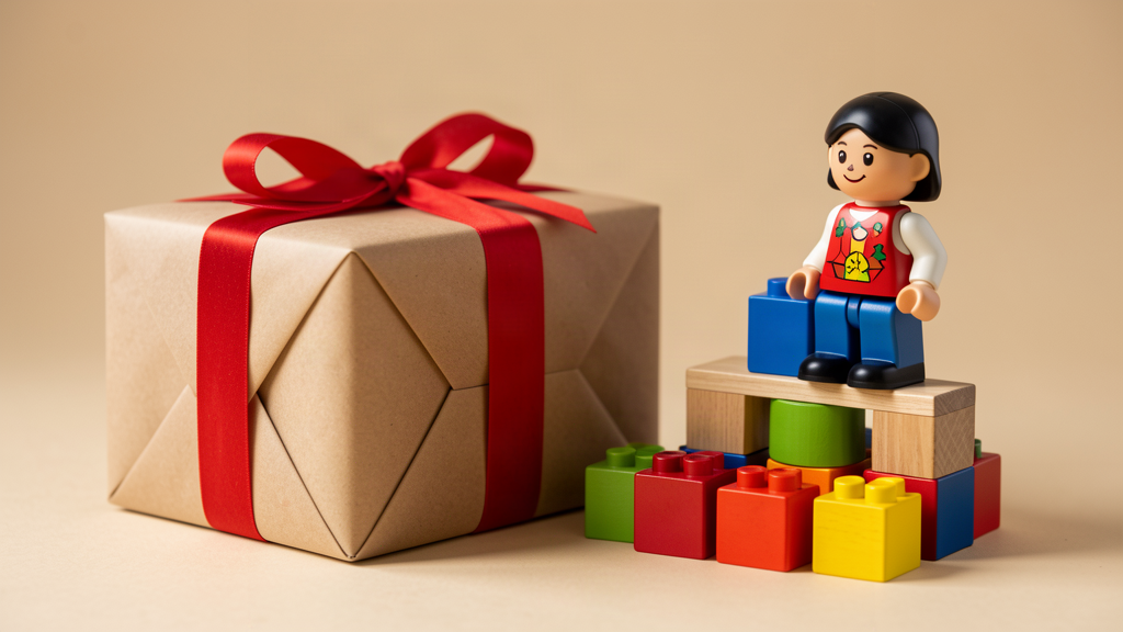 A wrapped Christmas gift beside children's building blocks and a toy figure