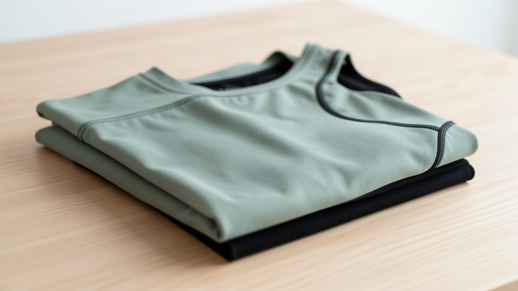 Folded sage-green activewear leggings and a sports top on a wooden surface
