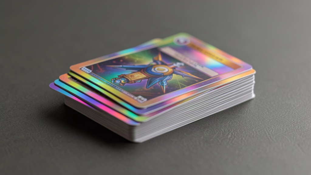 A stack of holographic trading cards with a glossy foil finish