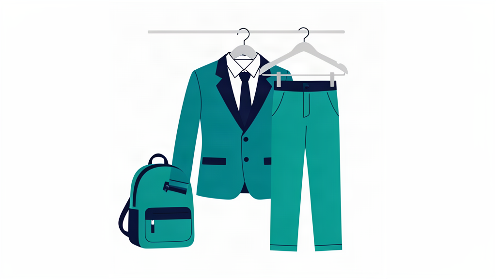 Illustration of a school uniform on a hanger with a backpack