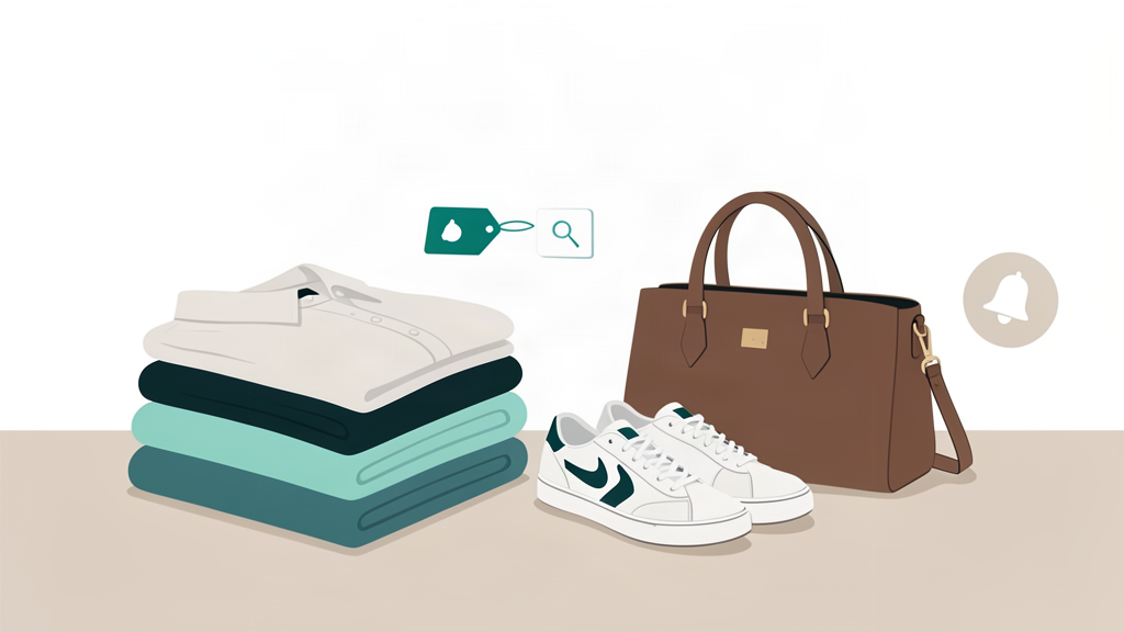 Illustration of folded clothes, trainers and a handbag arranged for resale