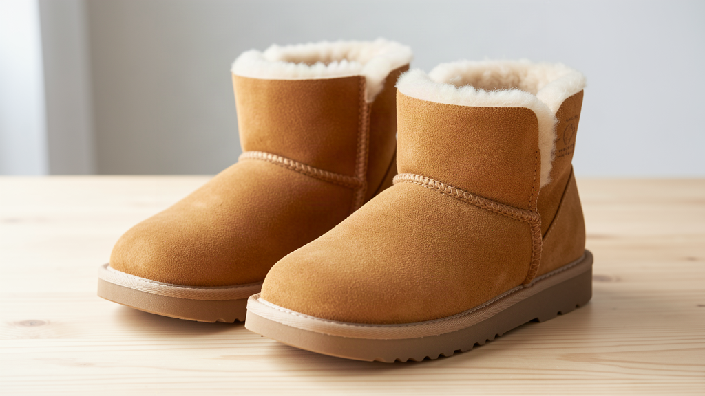 A pair of tan sheepskin boots with wool lining on a wooden surface