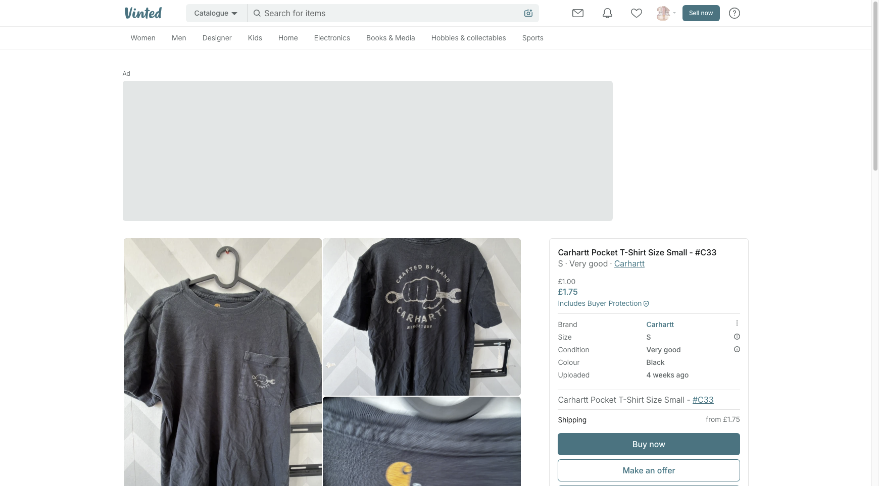 A Vinted listing detail page showing item photos, title, price, size and condition