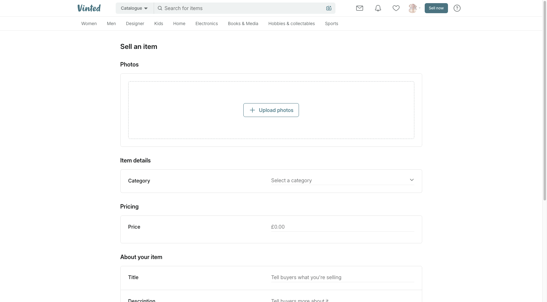 Vinted sell-an-item form showing the photo upload box, category field and price field